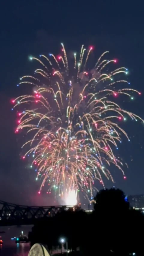 Dazzling cascade of fireworks explodes over city skyline, painting night sky Stock Footage 324687692