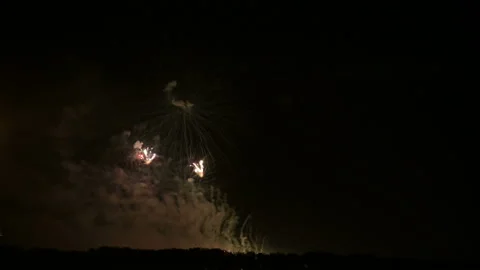 Dazzling large-scale fireworks with bright lights above the horizon. Live camera Stock Footage 111289048