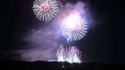 Dazzling large-scale fireworks with bright lights above the horizon. Live camera Video stock 111601027