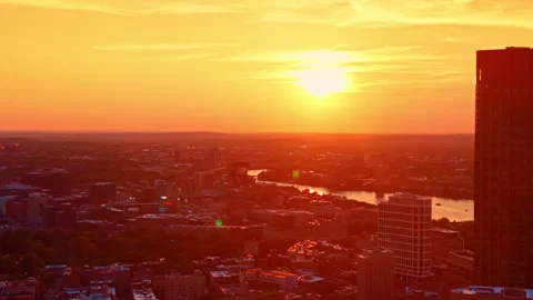Dazzling setting sun lights the vast panorama of Boston, Massachusetts, USA. Stock Footage 343662506