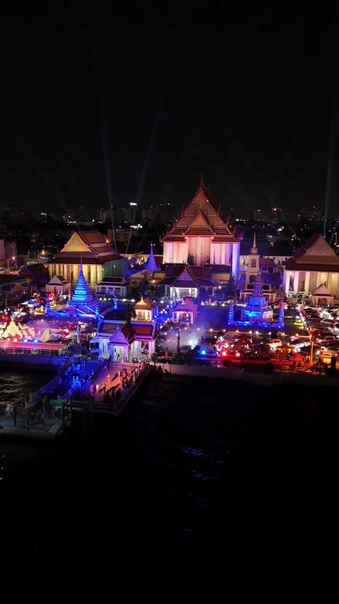 Dazzling Thai Temple Light Show Celebration at Night in Bangkok, Thailand Stock Footage 335839322