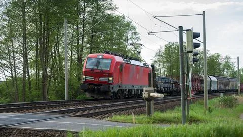 A DB class 193 with a freight train on the hook Stock Photos