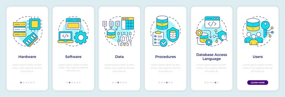 DBMS system modules onboarding mobile app screen Illustrazione stock