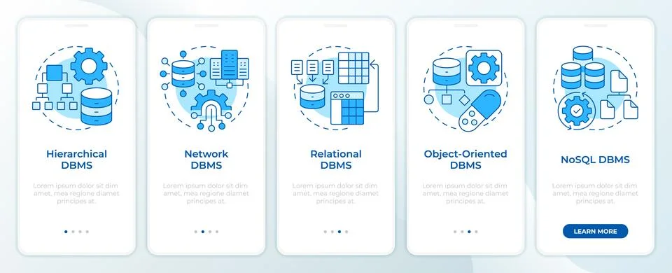 DBMS system varieties blue onboarding mobile app screen Stock Illustration