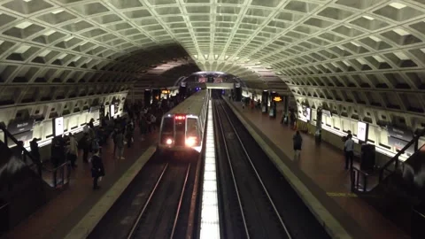 D.C. metro train arrives to camera, view from above  4692 Stock Footage 266309638