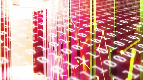 DC racks getting binary flow, neon lines tracing while camera moving to bright Stock Footage 331235474