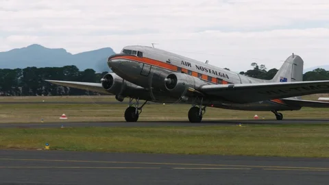 DC3 approaching terminal at Hamilton Airport, Victoria, Australia. Stock Footage 87841769