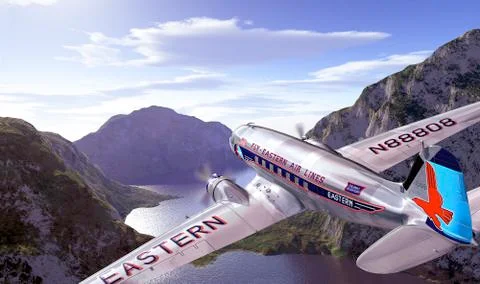 DC3 flying over mountains and lake, with blue sky and clouds on background. Stock Illustration