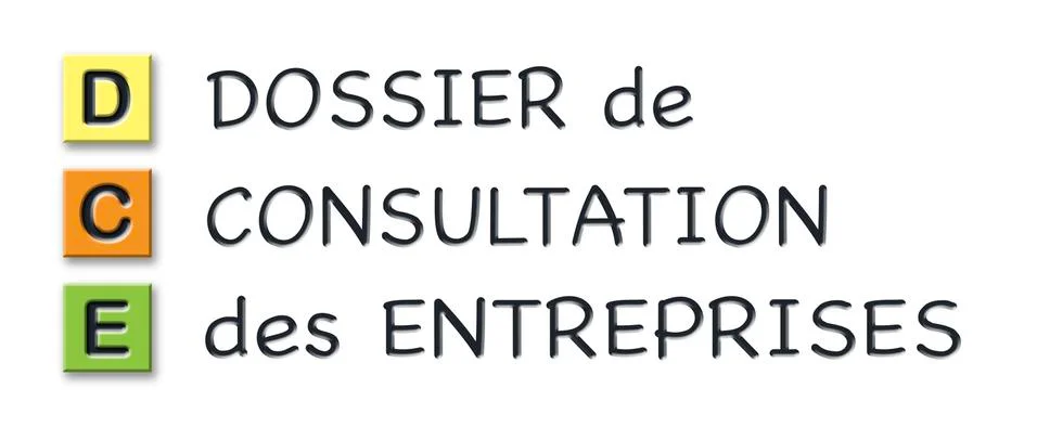 DCE initials in colored 3d cubes with meaning in french language Illustrazione stock