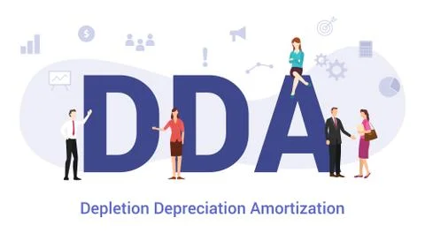 Dda depletion depreciation amortization concept with big word or text and tea Stock Illustration