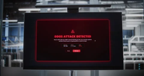 DDoS Attack Alert Displayed on Server Monitoring Screen in Modern Data Center Stock Footage 344965020
