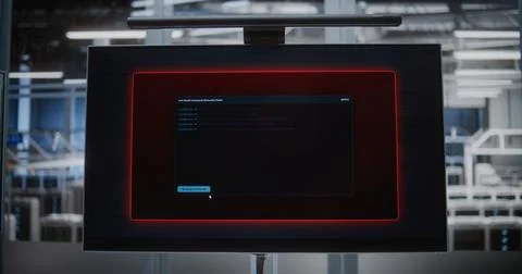 DDoS Attack Alert Displayed on Server Monitoring Screen in Modern Data Center Stock Photos