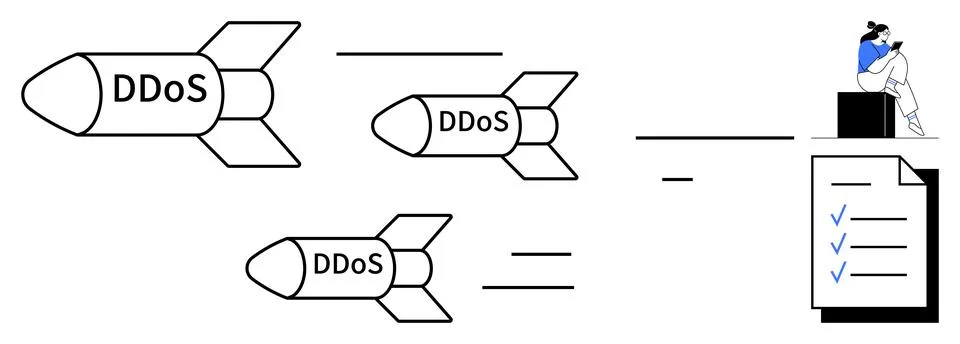 DDoS Attack Concept with Missiles Aiming at a Checklist and Person Using Lapt Illustrazione stock
