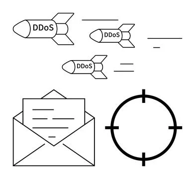 DDoS Attack Concept with Missiles, Target, and Envelope Symbols Representin.. Stock Illustration