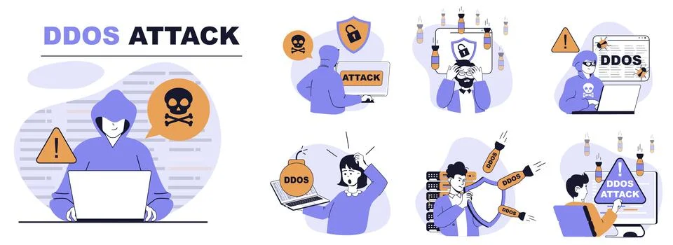 DDoS attack concept set in flat web design. People in isolated scenes sufferi Stock Illustration