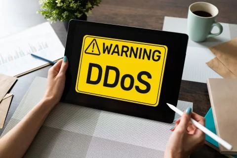 DDoS attack detection message. Virus and Hacking. Cyber security and internet Stock Photos