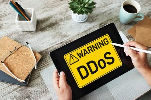 DDoS attack detection message. Virus and Hacking. Cyber security and internet Stock Photos