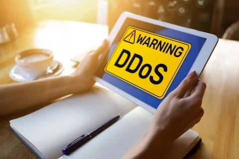 DDoS attack detection message. Virus and Hacking. Cyber security and internet Stock Photos