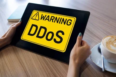 DDoS attack detection message. Virus and Hacking. Cyber security and internet Stock Photos