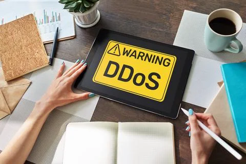DDoS attack detection message. Virus and Hacking. Cyber security and internet Stock Photos