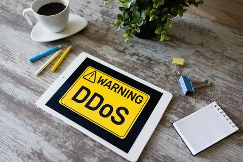 DDoS attack detection message. Virus and Hacking. Cyber security and internet Stock Photos