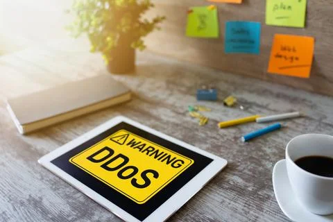 DDoS attack detection message. Virus and Hacking. Cyber security and internet Stock Photos