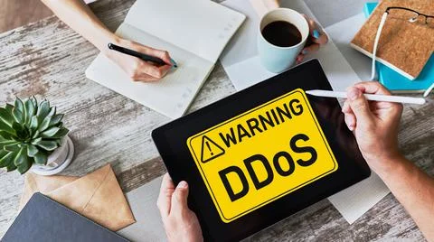 DDoS attack detection message. Virus and Hacking. Cyber security and internet Stock Photos