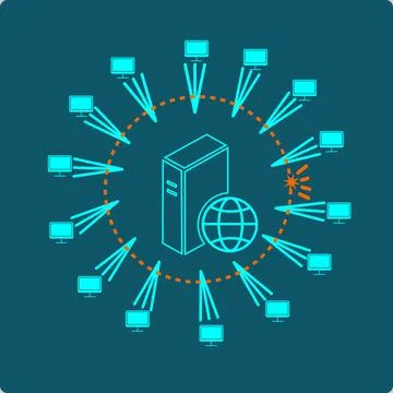 DDoS Attack - distributed devices flood a single server, breaching its capacity Stock Illustration