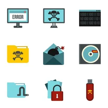 Ddos attack icons set, flat style Stock Illustration