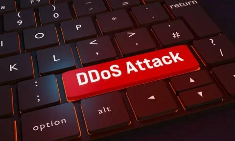  DDoS attack key on the keyboard. DDoS attack key, Distributed Denial-of-S... Foto stock
