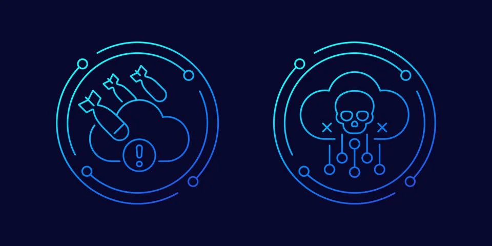 DDoS attack, malware icons, linear design 스톡 일러스트