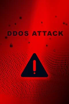 Ddos attack warning with caution symbol and red background illustrating cyber 스톡 일러스트