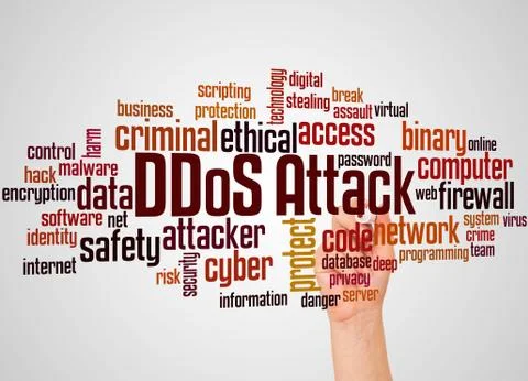 DDoS Attack word and hand with marker cloud concept Stock Illustration
