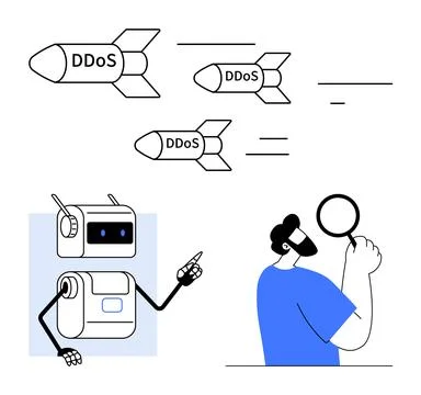 DDoS Attacks Represented by Missiles with Robot and Man Analyzing with Magn.. Stock Illustration
