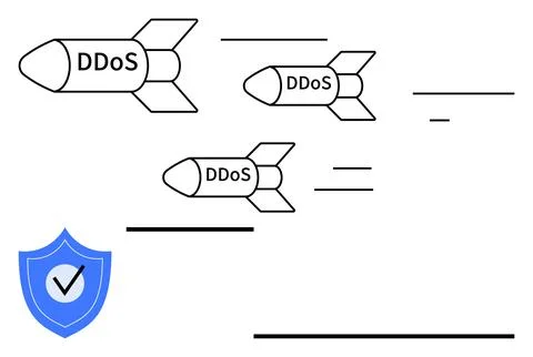 DDoS Cyberattack with Missiles and Security Shield Icon Stock Illustration