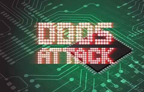 DDOS on a Digital Binary Warning above electronic circuit board 库存插图