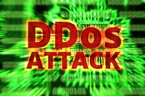 DDOS on a Digital Binary Warning above electronic circuit board 库存插图