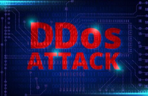DDOS on a Digital Binary Warning above electronic circuit board 库存插图