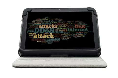 Ddos word cloud concept on electronic tablet screen on stand Stock Photos