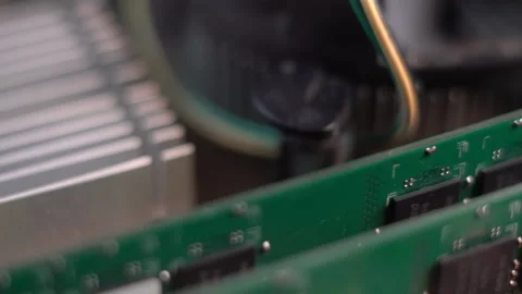 DDR RAM Memory Sticks in Computer Motherboard Socket, Macro Close Up Stock Footage 327517070