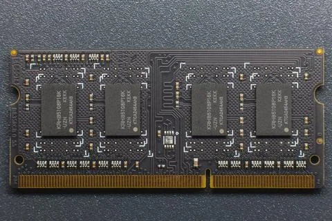 DDR SODIMM memory module. Close-up of an electronic circuit board with gold-p Stock Photos