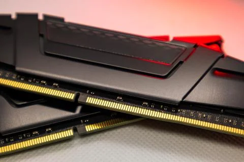 DDR4 DRAM memory modules close-up in red light Stock Photos