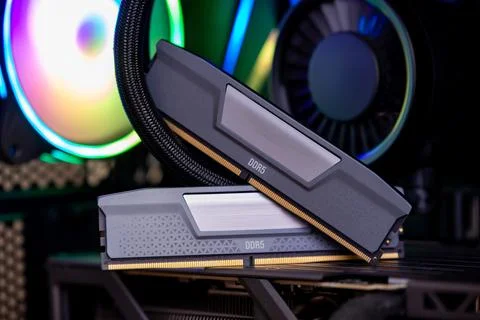 DDR5 memory kit installed in gaming computer, illustrating market volatilit.. Stock Photos