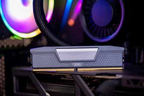 DDR5 memory modules inside computer system symbolizing semiconductor shorta.. Stock Photos