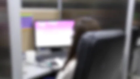 De-focus and blurred office center call, woman at work, support team, contact Stock Footage 83732218
