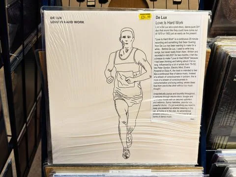 De Lux Love Is Hard Work vinyl album 2021 cover with runner illustration in.. Stock Photos