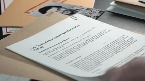 DEA Case File Folder With Pablo Escobar Picture and Report on Medellin Cartel Stock Footage 323878081