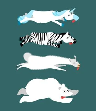 Dead animals set 1. Unicorn and zebra. Llama and polar bear. animal is deat.. Stock Illustration