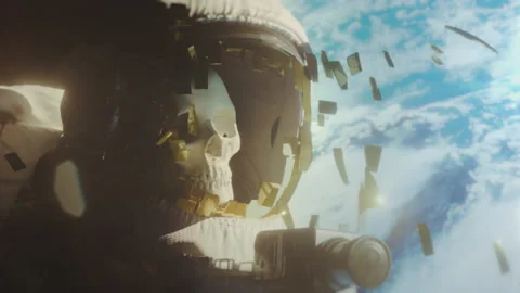 Dead astronaut orbiting earth. Skull visible. Cinematic sci-fi. Stock Footage 157221197
