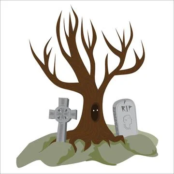 Dead bare tree in a cemetery surrounded by graves Stock Illustration